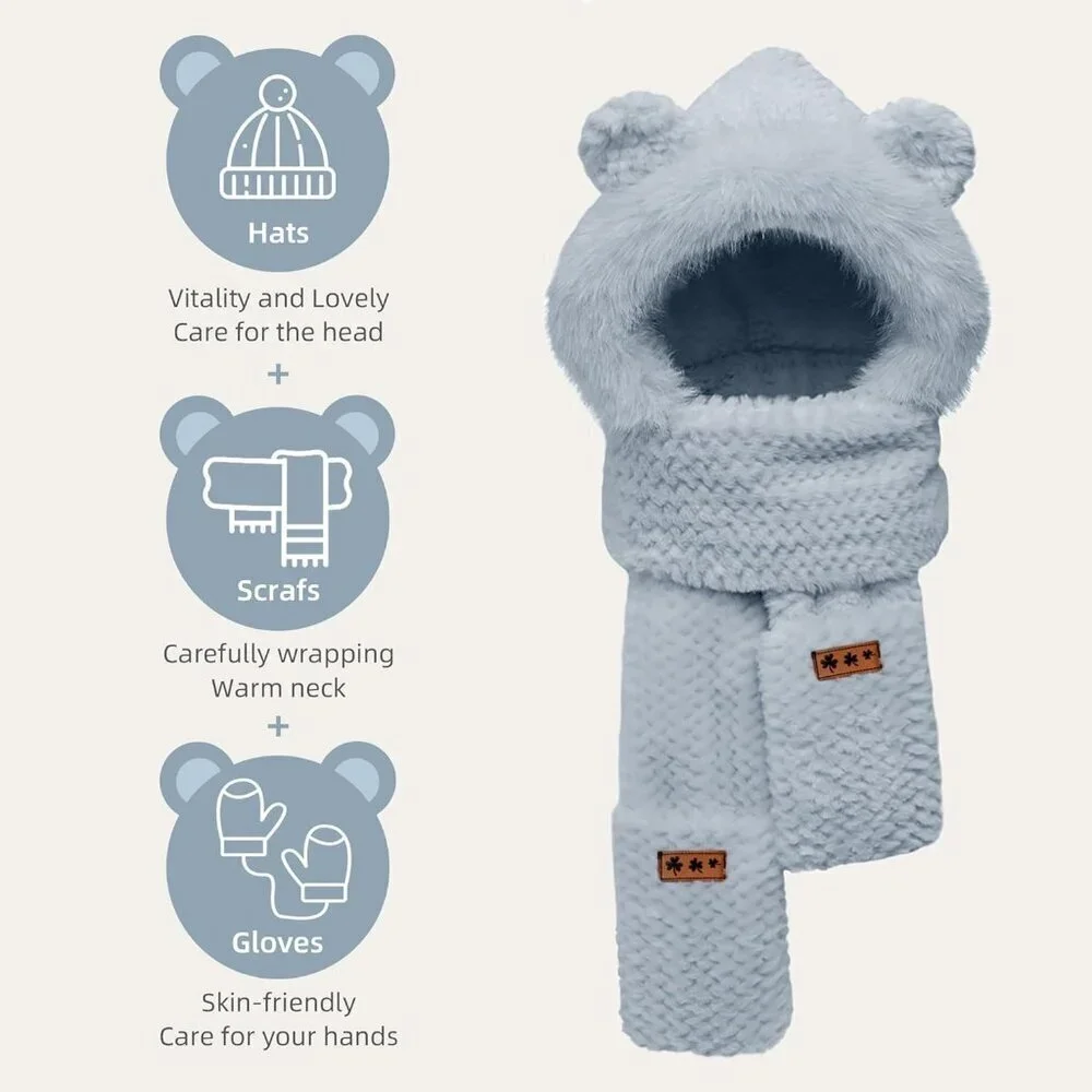 Women's Gray Hooded Scarf Cute Bear Ear Hat Faux Fur Gloves Set Soft